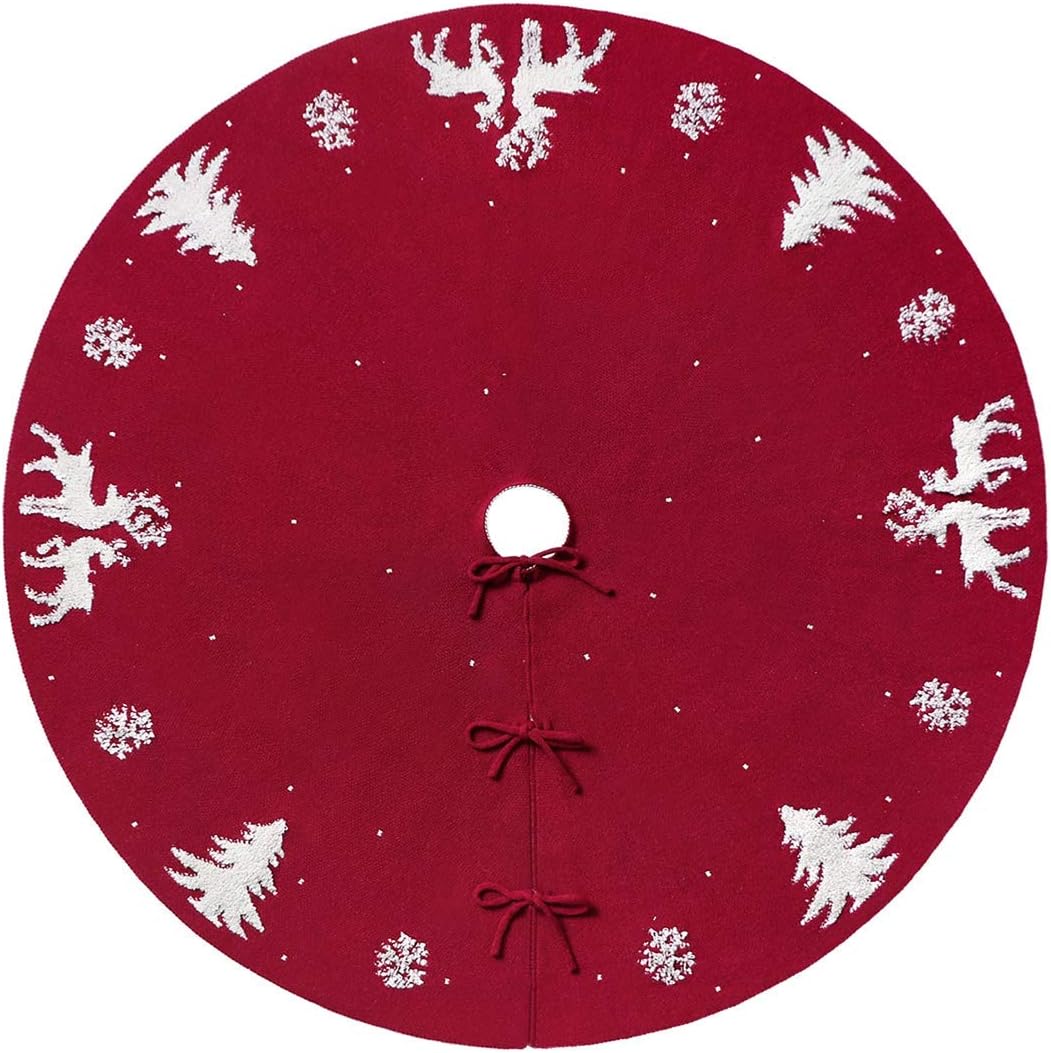 LOMOHOO Tree Skirt 36 inches Knitted Christmas Tree Skirts Red 3D Elk Knit Thick Rustic Tree Skirts Xmas Holiday Ornaments Indoor Outdoor Christmas Decoration