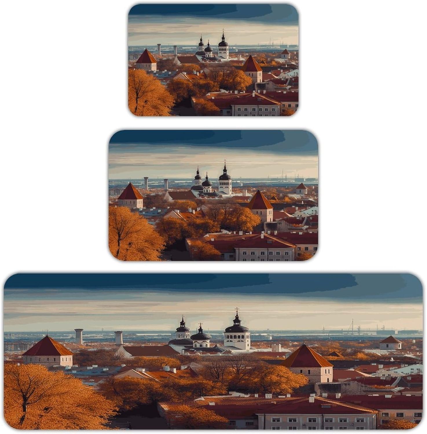 Tallinn Estonia Cityscape Kitchen Rugs Set of 3 Non Slip Washable Kitchen Mats for Floor Soft Area Rug Kitchen Floor Mat Cushioned Anti Fatigue Mats Standing Sink Mat Decor Runner Rugs