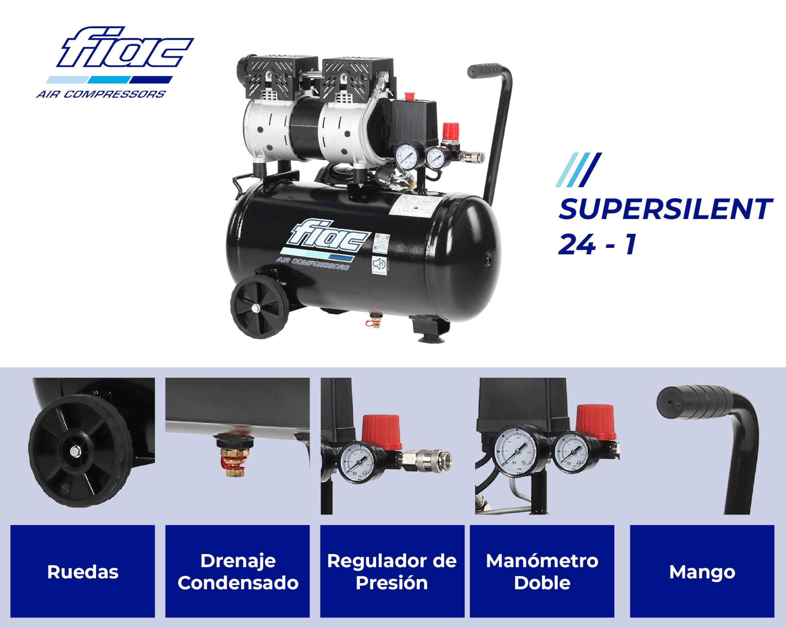 FIAC Compresor de Aire Móvil Silencioso SUPERSILENT 24, Sin Aceite, Presión Máxima 8 Bar, 1 Hp, Tanque de 24 Litros, Nivel sonoro 58 dB LpA