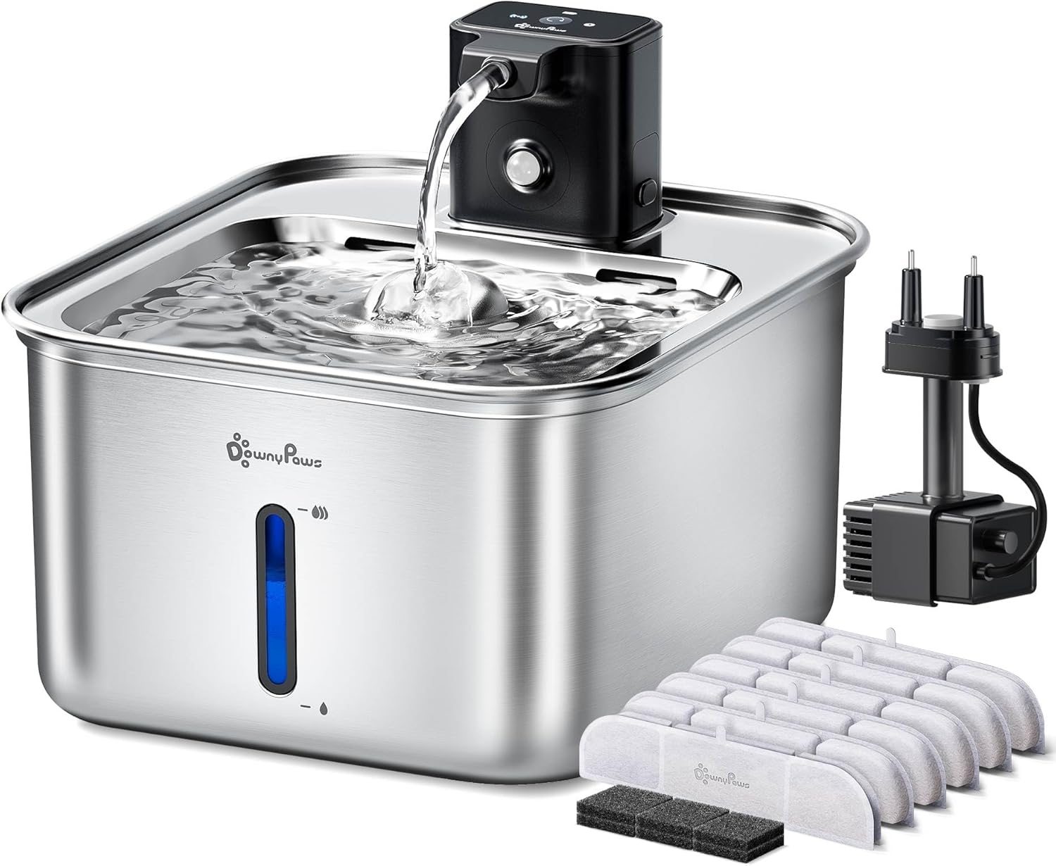 DownyPaws Cat Water Fountain Stainless Steel Wireless Black with 6 Filters and Replacement Water Pump Black