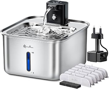 DownyPaws Cat Water Fountain Stainless Steel Wireless Black with 6 Filters and Replacement Water Pump Black