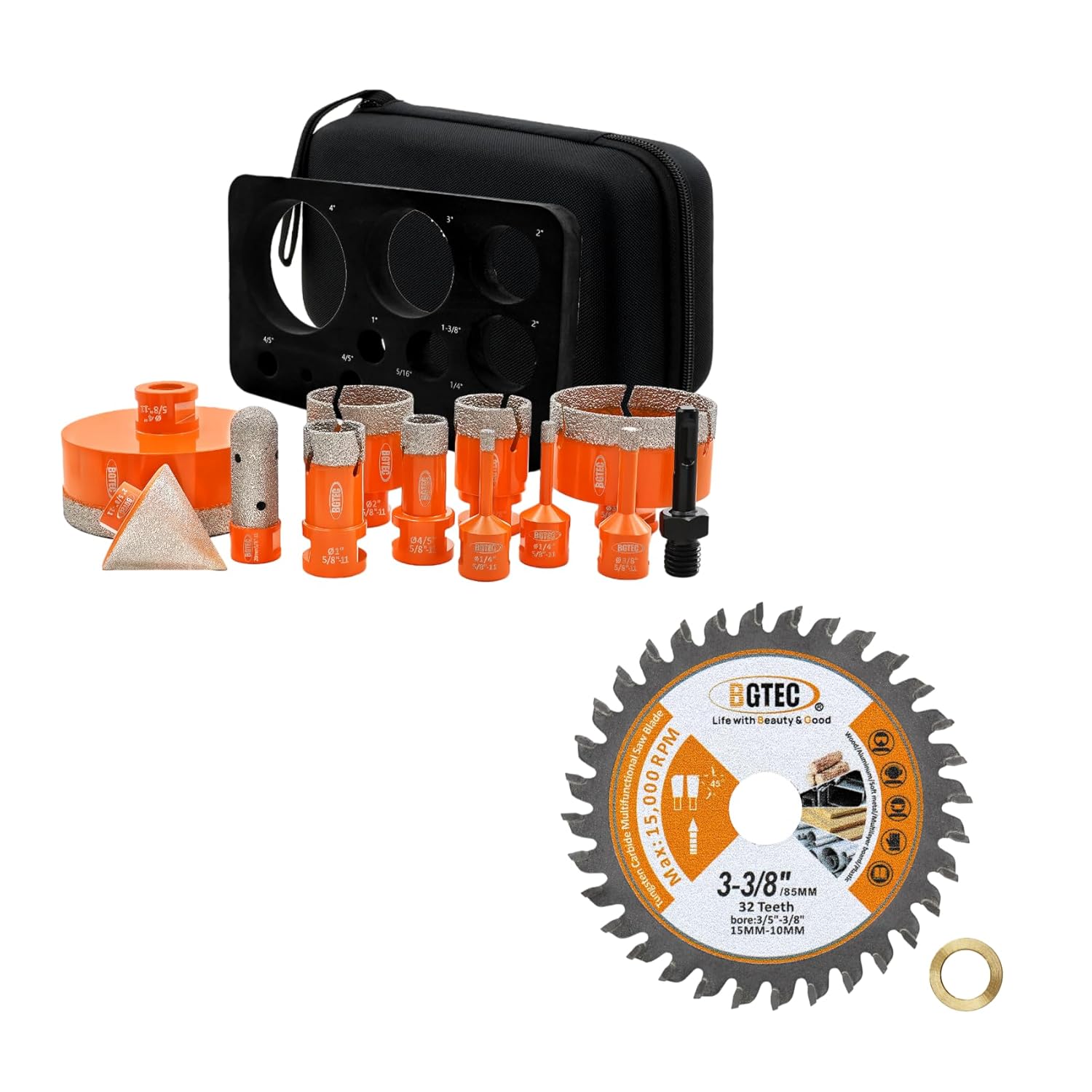 BGTEC Diamond Hole Saw Kit 12pcs for Granite Marble Porcelain and TCT Circular Saw Blade 3-3/8" for Wood Aluminium Plastic