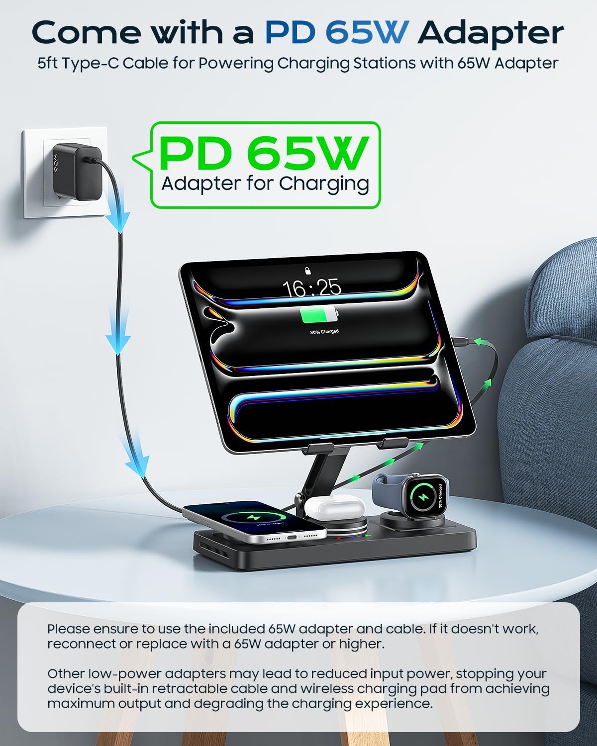 65W 5 in 1 Charging Station for Apple Multiple Devices, 30W Max Bulit-in Retractable Cable Fast Wired Charging Stand for iPad/Tab, Foldable Magnetic Wireless Charger for iPhone 17/Apple Watch/Airpods