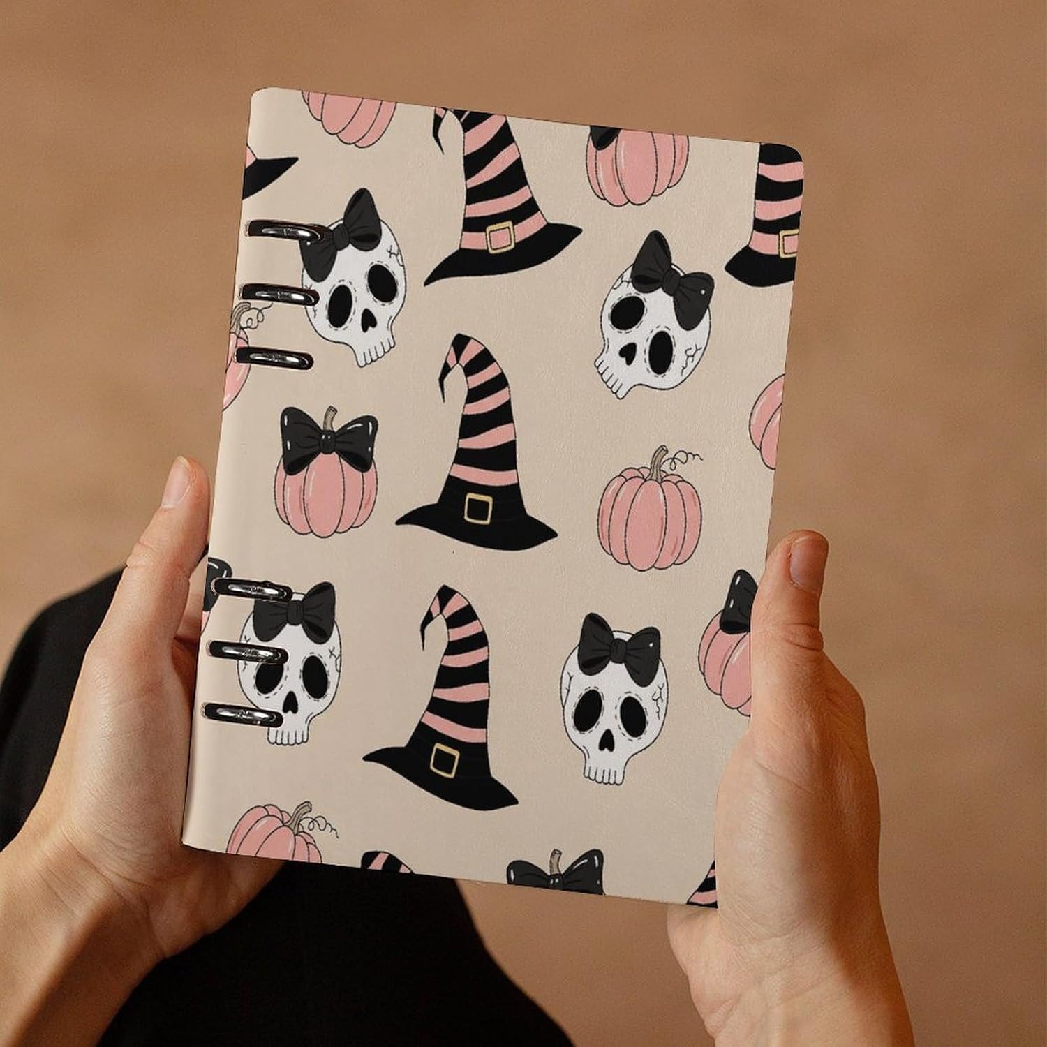 JOJOART Halloween Skulls Hats Pumpkins Journals Binder Notebook Loose Leaf 6-Ring Professional Notebook,Spiral Notebooks Refillable Journal Notebook,90 Sheets for Office Travel Planner