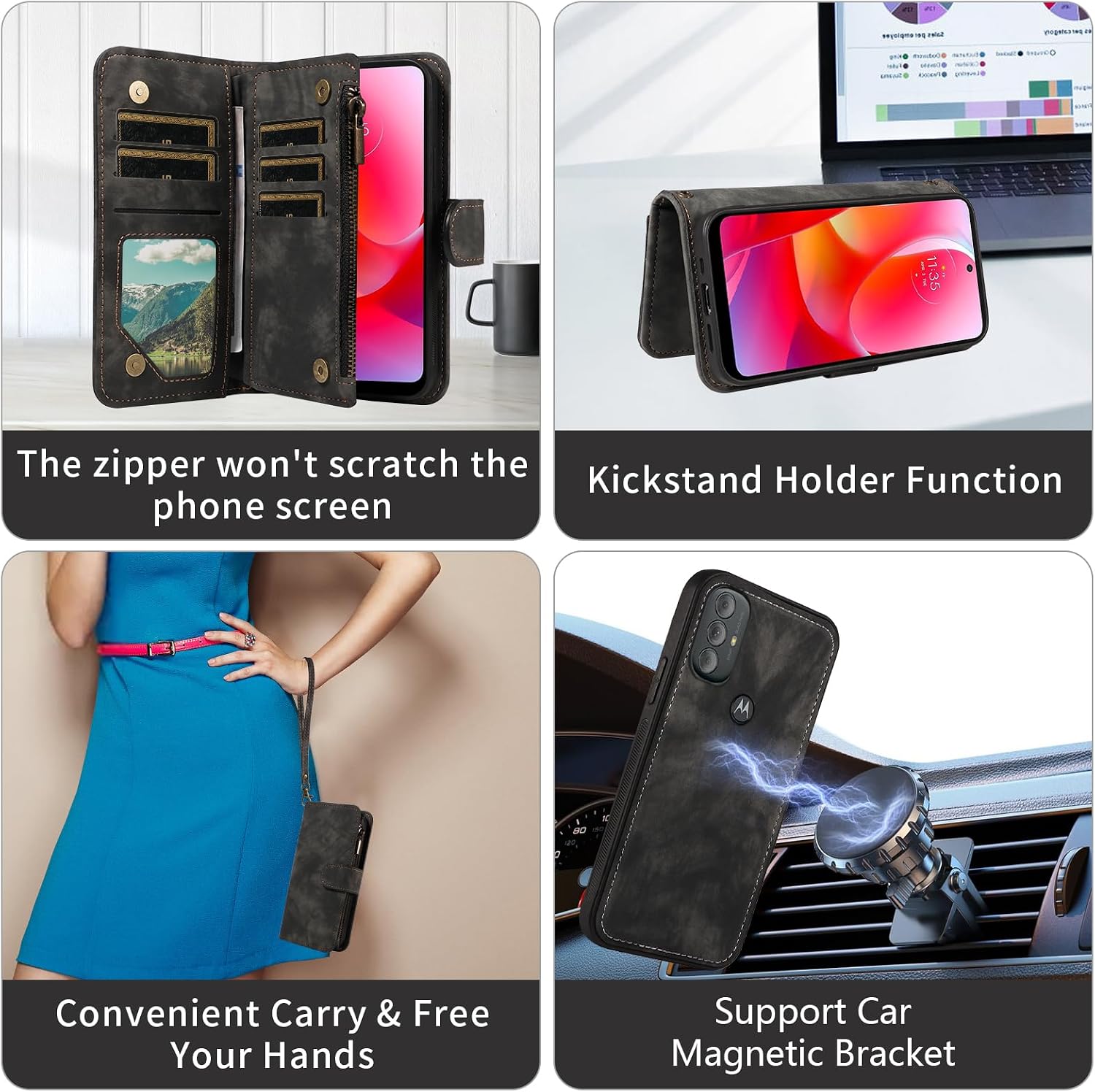 Asuwish Phone Case for Motorola Moto G Power 2022/MotoG Play 2023/G Pure 2021 Zipper Wallet Cell Cover with Screen Protector Strap Flip Credit Card Holder XT2165DL XT2163DL XT2165-5 Women Black