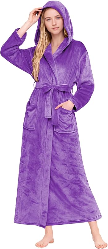 Womens Long Hooded Robe, Soft Warm Fleece Bathrobes Full Length Plush House Coat