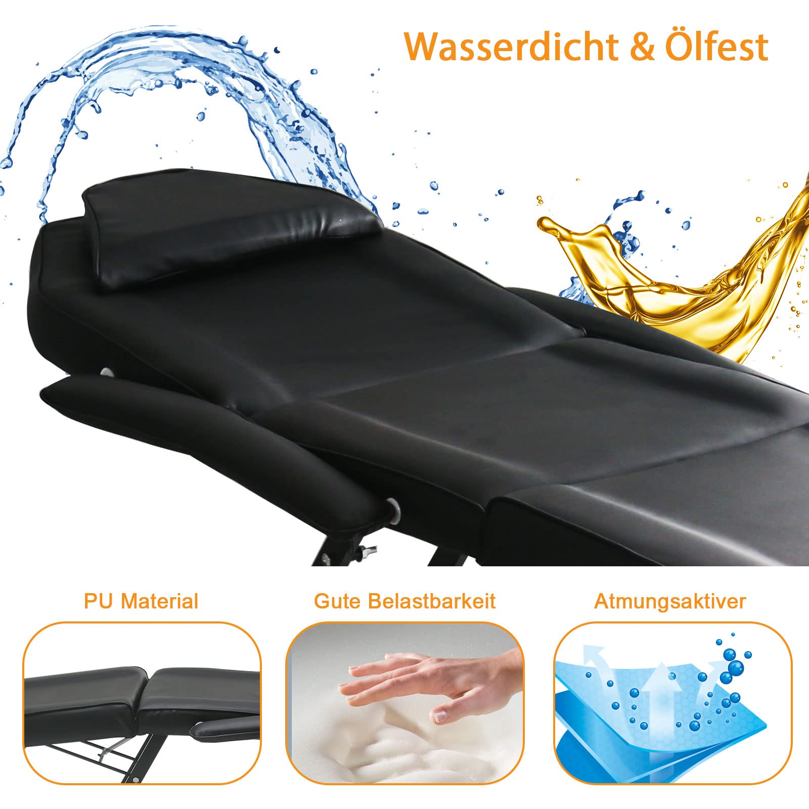 KEEPREAPER Massageliege Kosmetikliege klappbar & höhenverstellbar 3 Zonen mit Kosmetikhocker 78cm Breit Massagebett aus PU-Leder belastbar bis 270kg, Schwarz