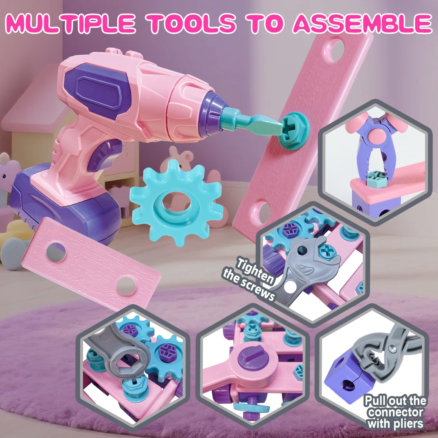 Pink Kids Tool Set for Girls,Toddler Tool Set with Drill &Toolbox,STEM Montessori Toys for 3 4 5 Year Old,Pretend Play Kid Toy,Educational Construction Toy for 3-6 Year Old Girl,Birthday Gift for Kids