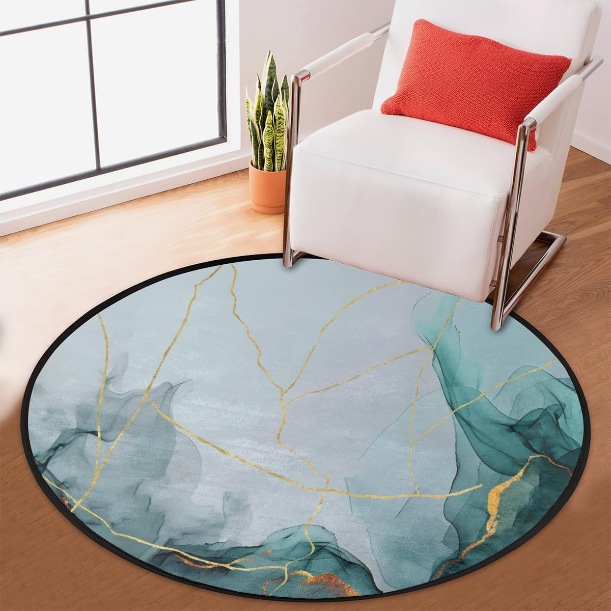 Round Rug 3ft Teal Marble Indoor Circle Area Circle Rugs Washable Non-Slip Bedside Indoor Doormat for Living Room Bedroom Playroom Nursery Room Decor Carpet Mat Splat Mat for High Chair