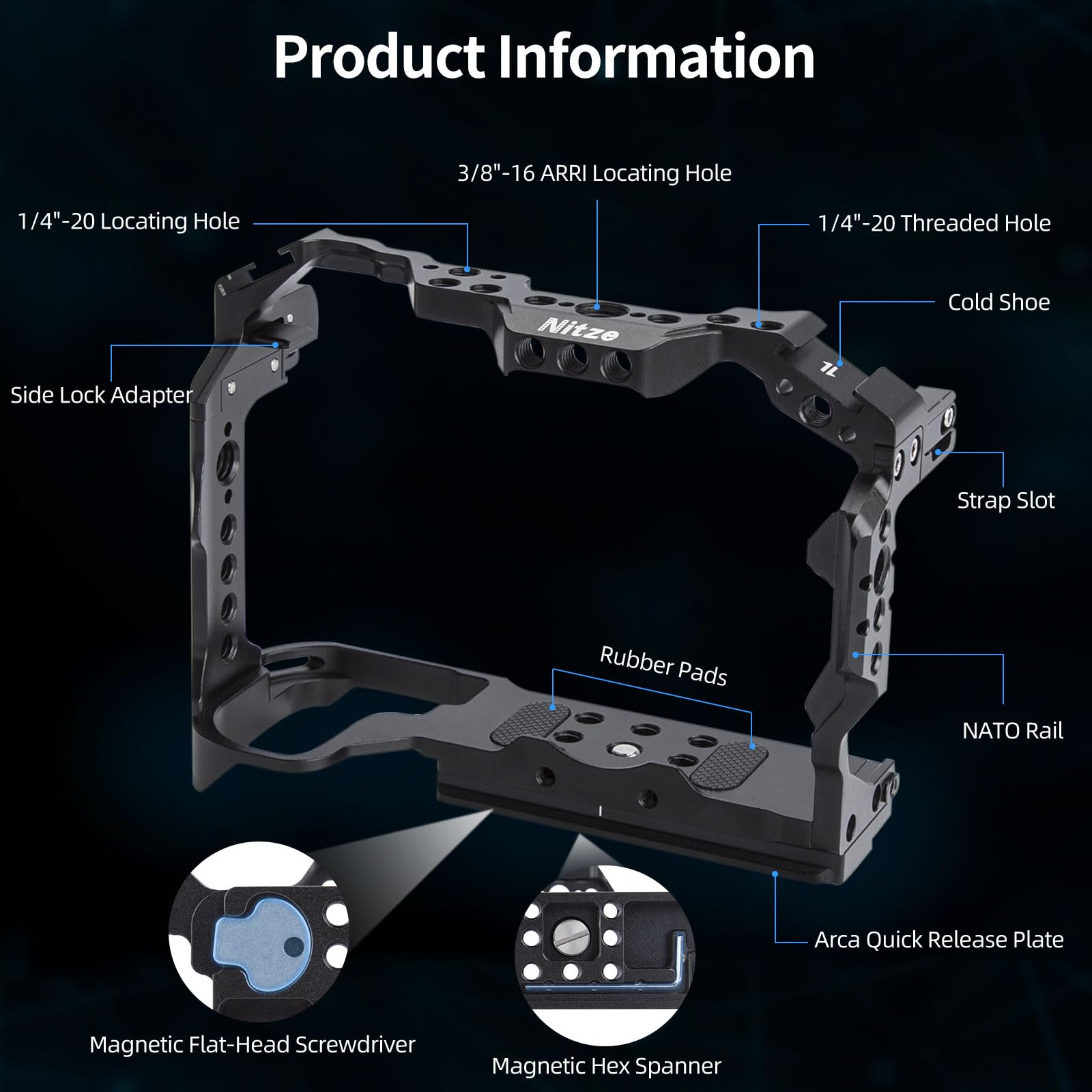Nitze Cage Compatible avec Canon R6 Mark III/ R6 Mark II/ R5 C/ R5/ R6,avec NATO Rail Intégré, Double Cold Shoe et Plaque de Dégagement Rapide Arca - T-C04A