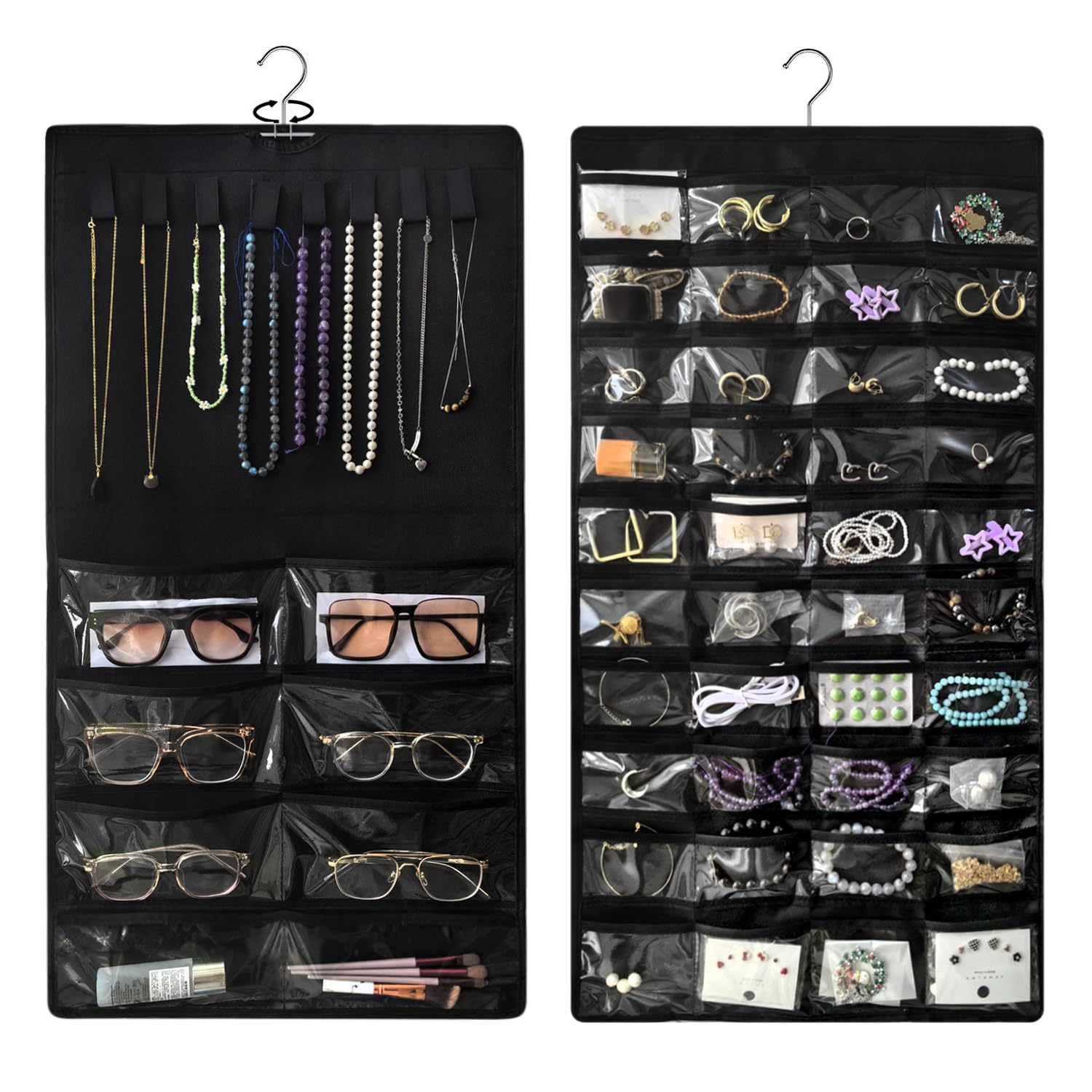 Double-Sided Hanging Jewelry Organizer with 48 Pockets and 8 Hooks – Versatile Accessories Holder for Earrings, Necklaces, Rings, Glasses – Wall, Door, or Closet Mounted Jewelry Hanger.