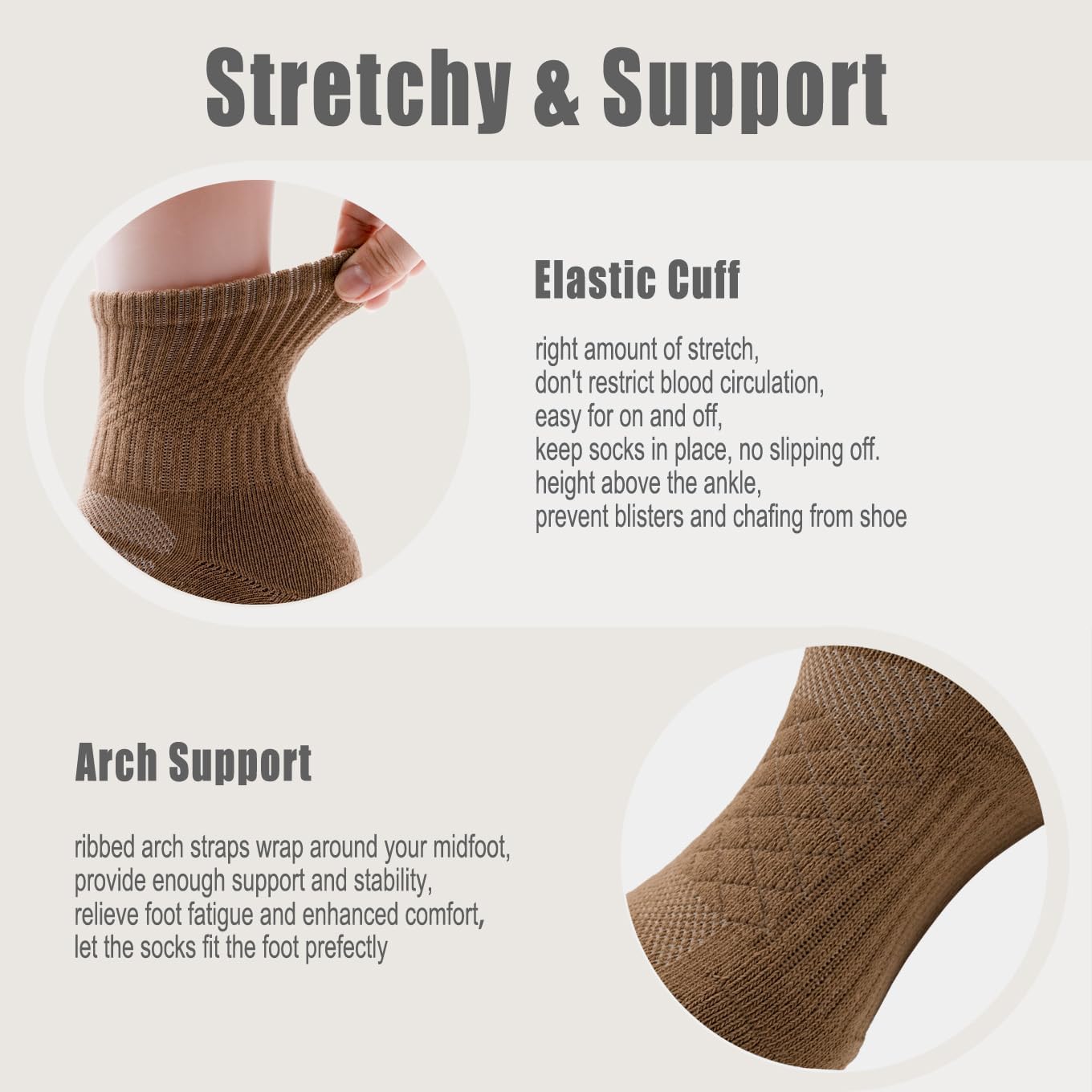 Mens Cotton Cushioned Quarter Socks, 3 Pairs Breathable Soft Non-Slip Athletic & Casual Ankle Socks w/Arch Support