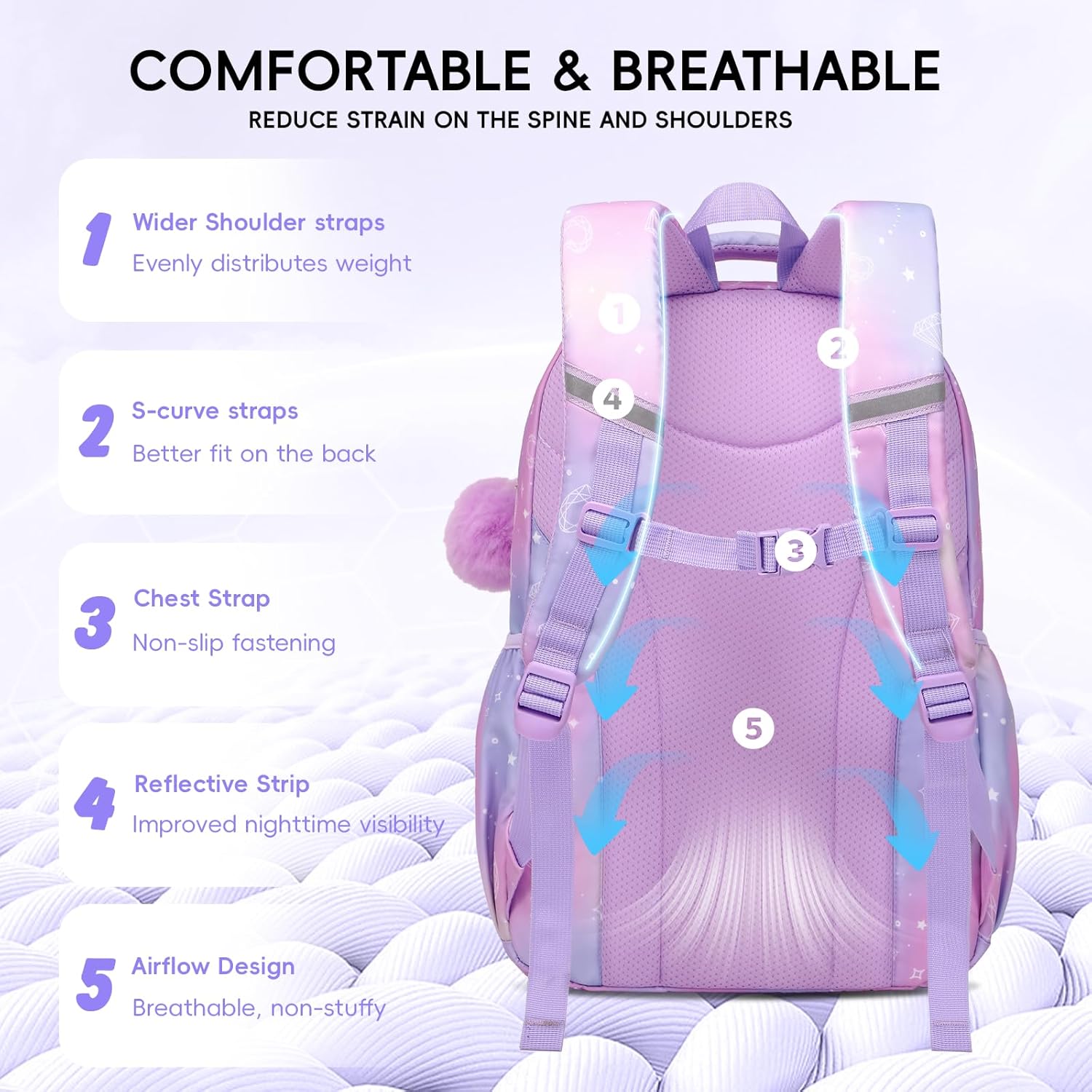 Tanou Backpack with Lunch Box for Girls, Kawaii Set School Bag for Kid Elementary Middle School, Aesthetic Laptop Bookbag Lightweight, Purple - Image 3