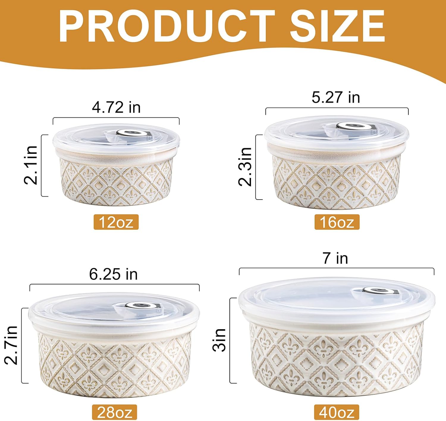 12/16/28/40 oz Nesting Mixing Bowls Set of 4, Ceramic Ramekins with Lids 16oz Oven Safe