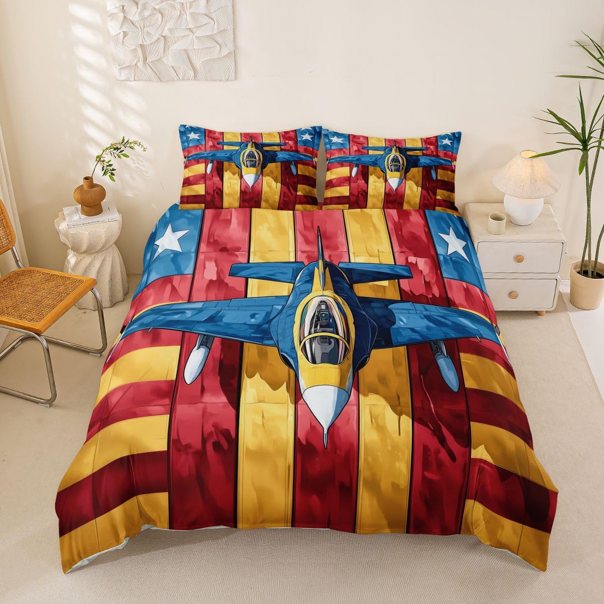 Housse de couette 2 personnes motif avion militaire 3D parure de lit Manfei 3 pièces