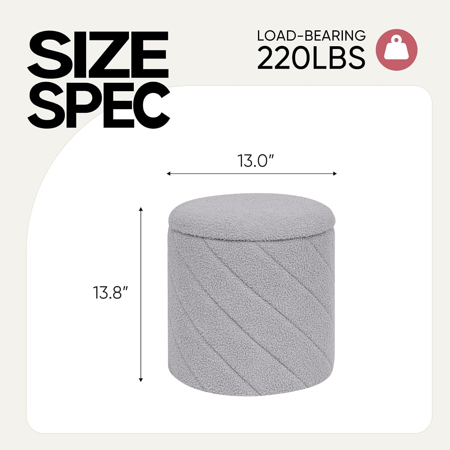 13" Foldable Boucle Round Storage Ottoman,Space-Saving Footrest/Seating/Coffee Table for Small Apartments,Dorms & Bedrooms-Grey