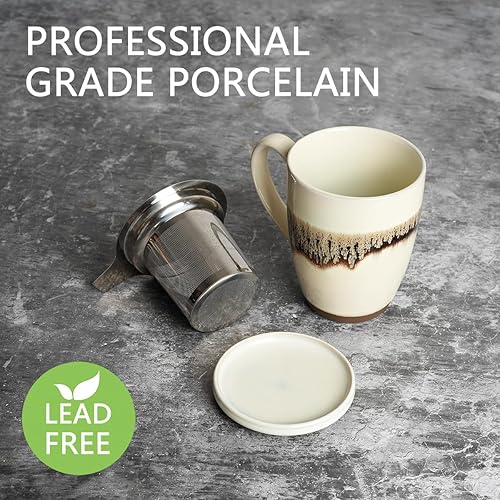 Miniatura 3 de Bosmarlin Taza de té de cerámica con infusor y tapa, 13.5 onzas, taza de té de hojas sueltas con colador, apta para microondas y lavavajillas,