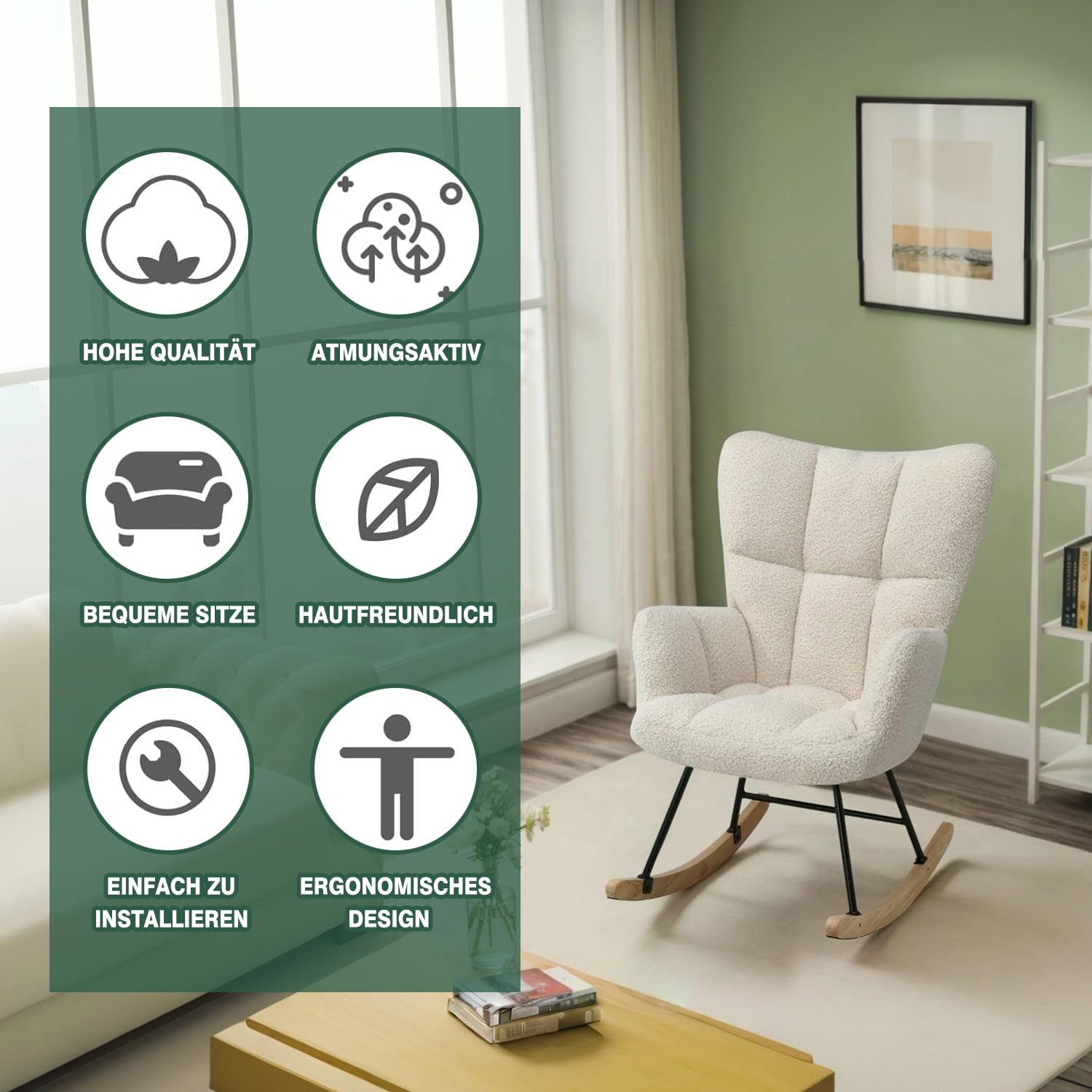 Schaukelstuhl mit weichem Lammfellimitat Beiger Relaxstuhl im Skandi-Stil gepolstert & ergonomisch ideal fürs Wohnzimmer Schlafzimmer