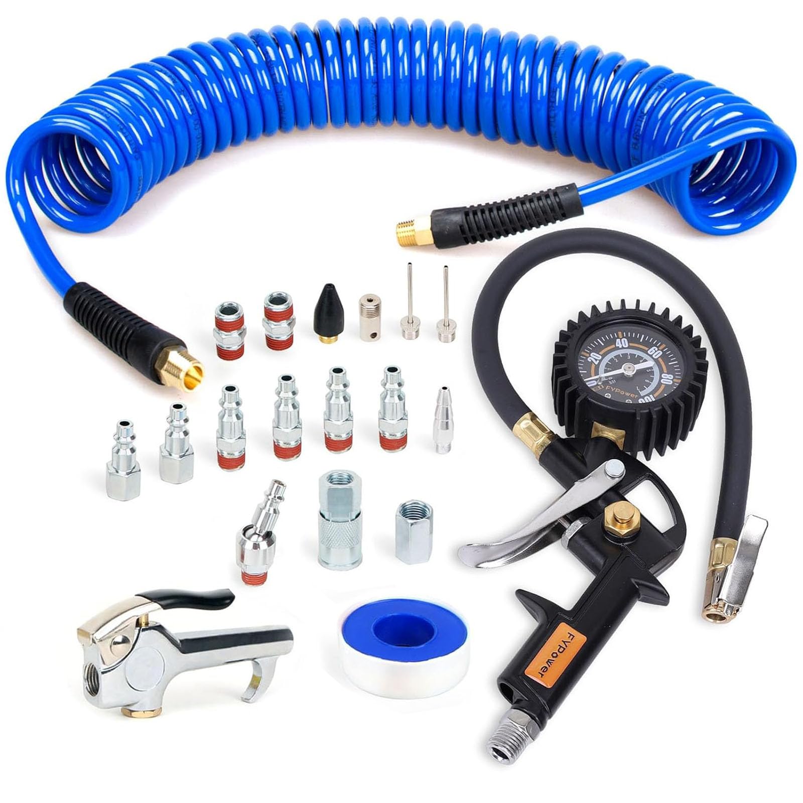 Kit d'accessoires pour compresseur d'air 20 pièces, kit de tuyaux de recul 1/4" x 7,6 m, raccords d'air NPT à connexion rapide, manomètre de gonflage, connecteur rotatif, tuyau en polyuréthane