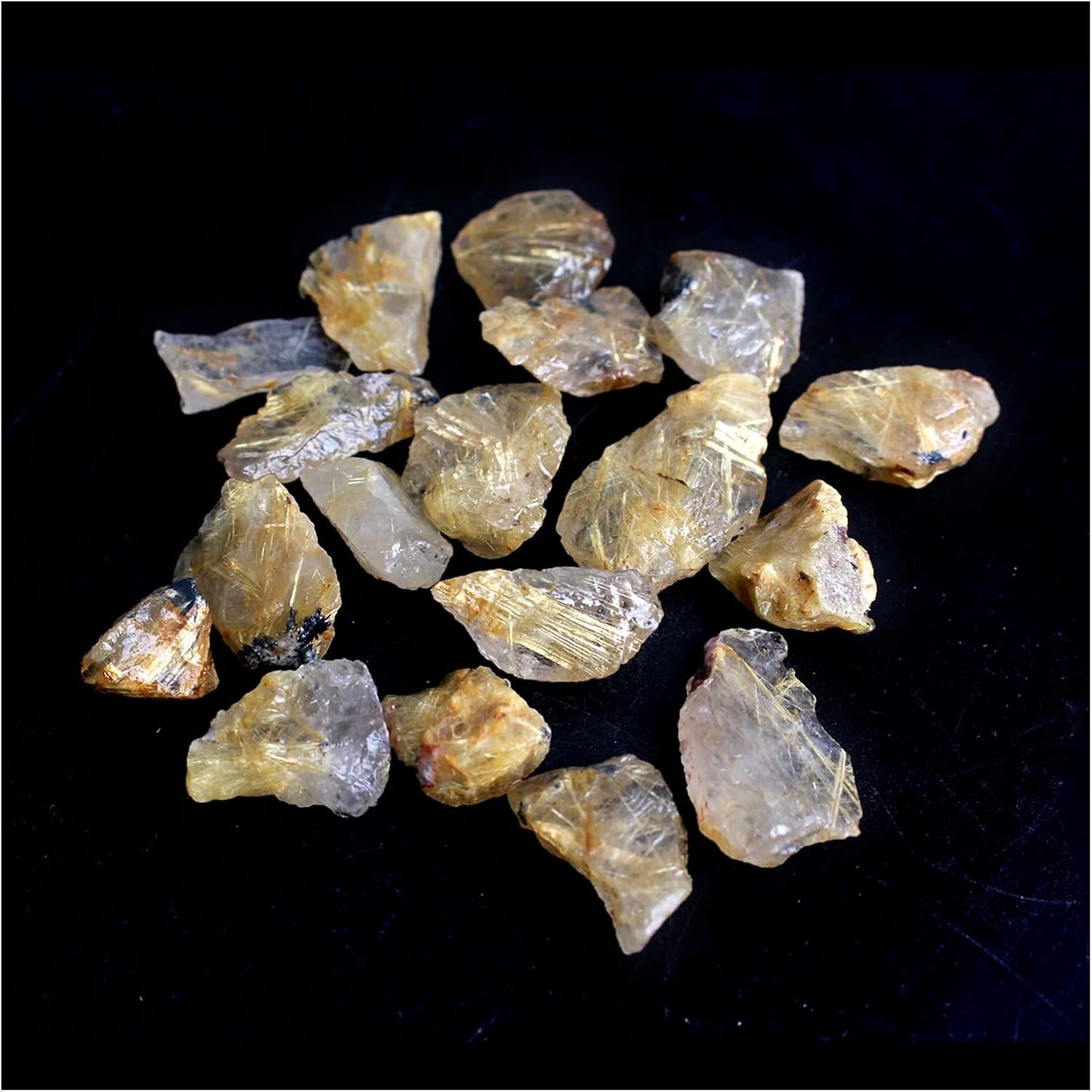 FidemM Natural Crystal Rough 10/20g Clear Natural Charming Yellow Hair Crystal Gold Rutilated Quartz Chips Rough Stone Mineral Specimens Home Decor (Color : Raw Rutilated Quartz, Size : 20g)