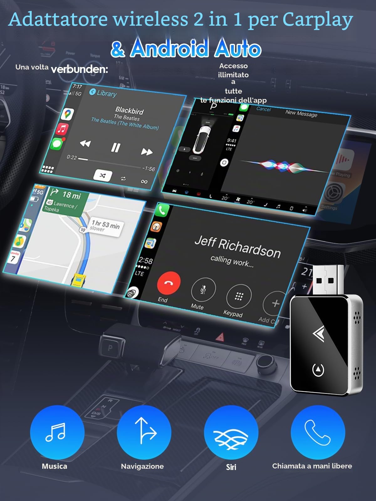 Adattatore Wireless 2 in 1 per CarPlay/Android Auto, PARPAT CarPlay Wireless Adapter con USB/Type-C, Connessione Stabile e Nessun Ritardo, Compatibile con iPhone/Android (CARPLAY01)