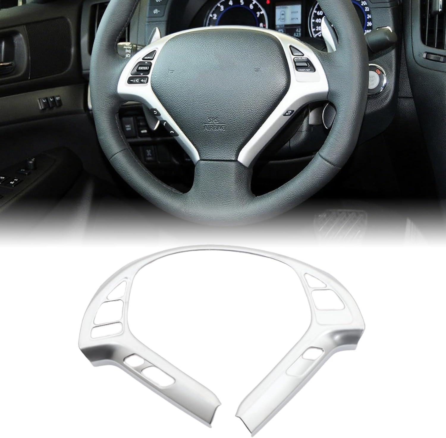 Car Steering Wheel Button Frame Cover Trim Compatible with Infiniti G37 2007-2013, Car Steering Wheel Panel Protection Frame Trim Decoration Accessories (Bright Silver)