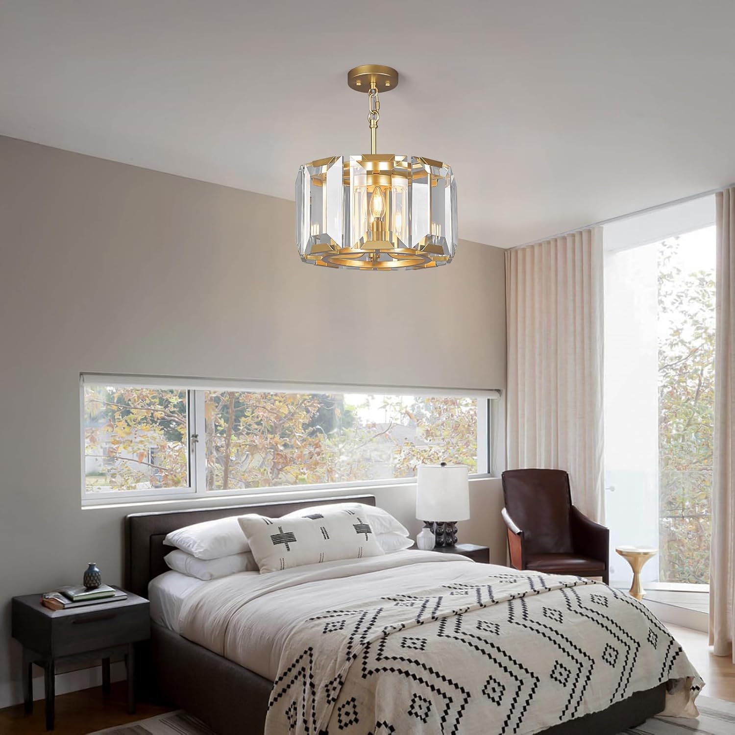 Gold Modern Crystal Chandeliers Round Farmhouse Pendant Light Semi Flush Mount Ceiling Light Fixture for Bedroom Dining Room Kitchen Island Living Room Foyer Hallway(4-Light)