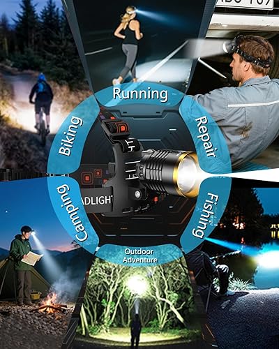 Miniatura 7 de Linterna frontal recargable de 3000 lúmenes altos, 13 modos LED 9000mAh faro con sensor de movimiento, zoomable 90 ajustable impermeable para