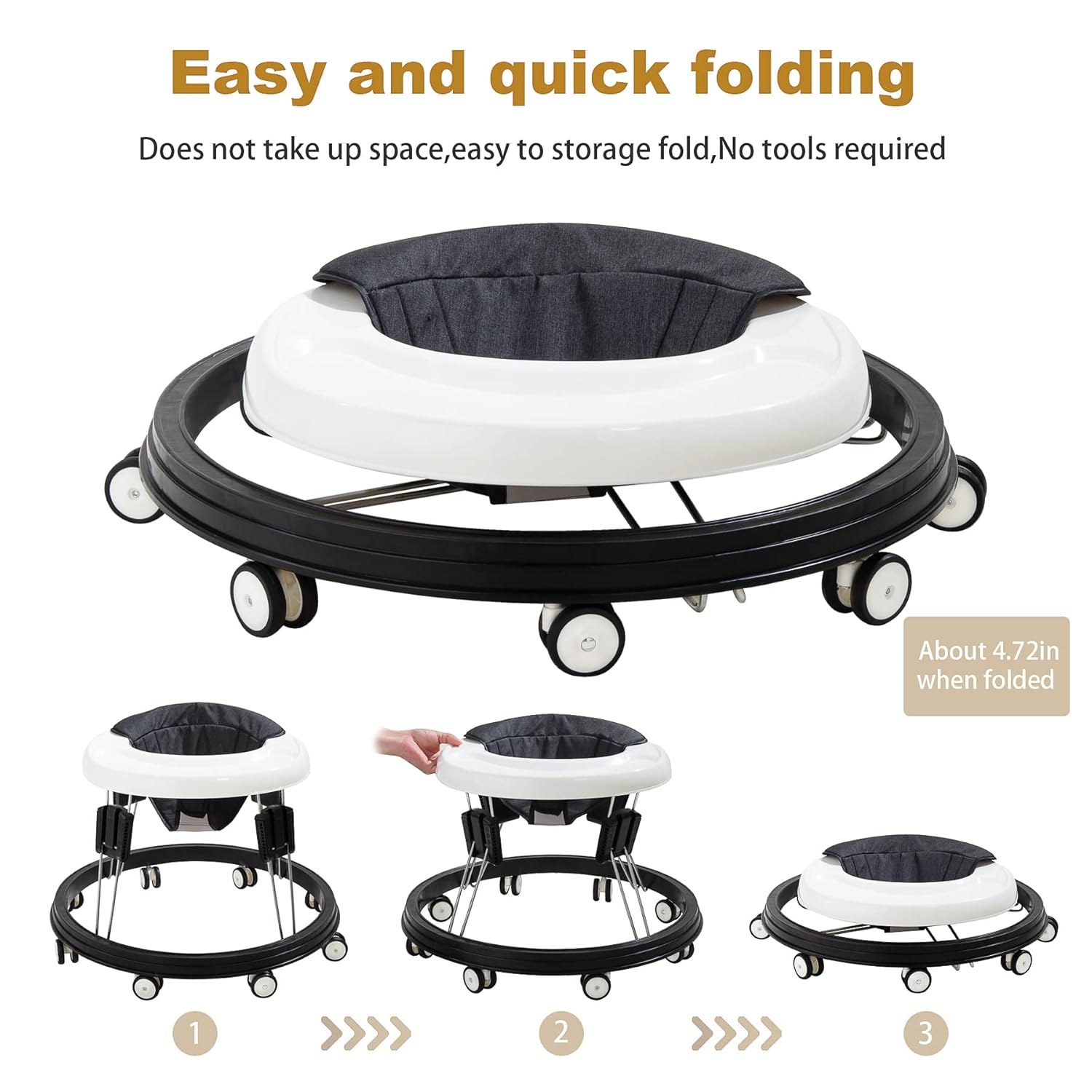 Baby Walker,Foldable Multi-Function Anti-Rollover Toddler Walker,Suitable for All Terrains for Babies Boys and Girls 6-18Months 9 Heights Adjustable(Black)