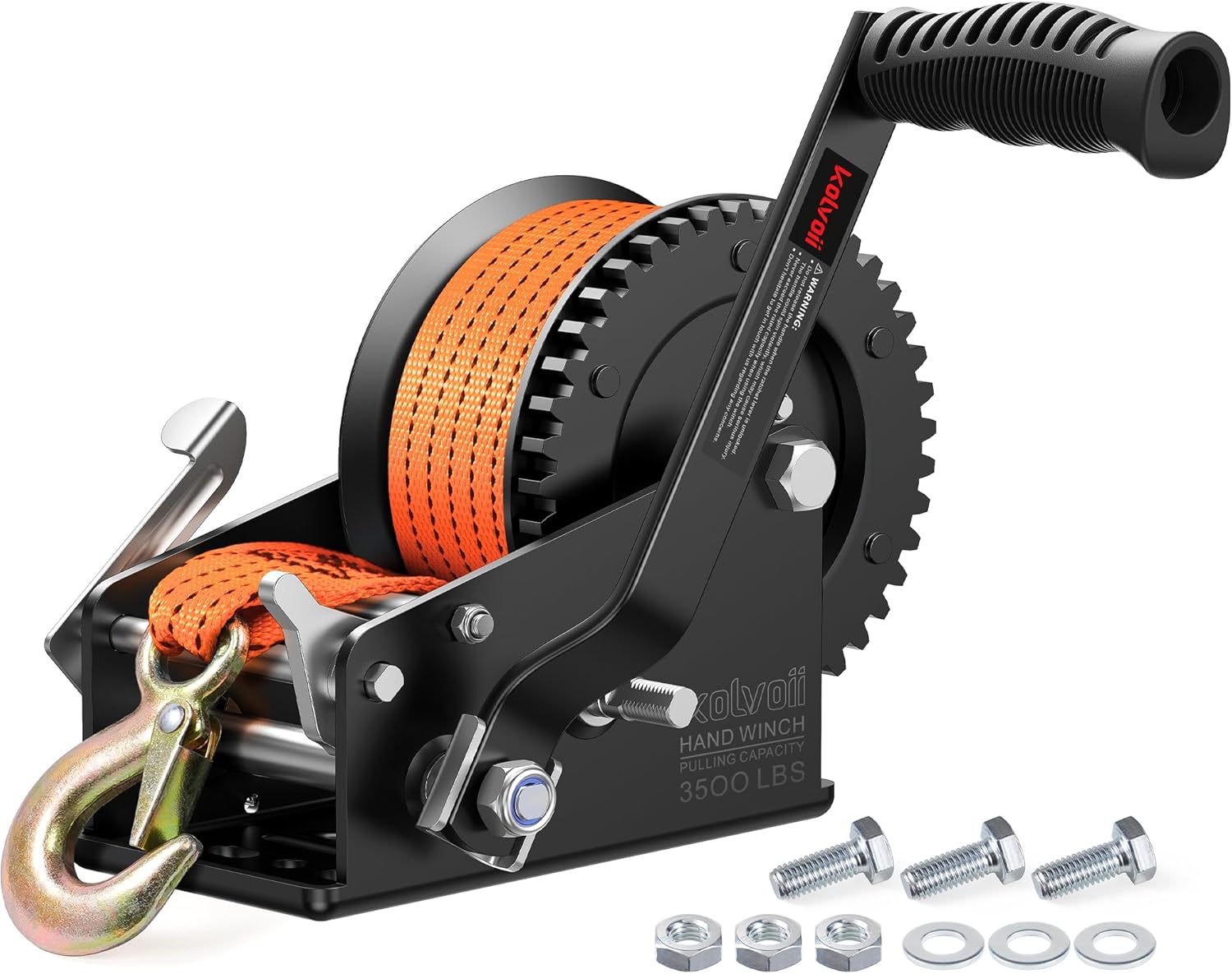 Kolvoii 3500 lbs Boat Trailer Winch with Strap, Heavy Duty Hand Winch, 2-Way Ratchet 4:1/8:1 Gear Ratio for Boat, Trailer, Marine and Jet Ski, 33FT Strap, Orange