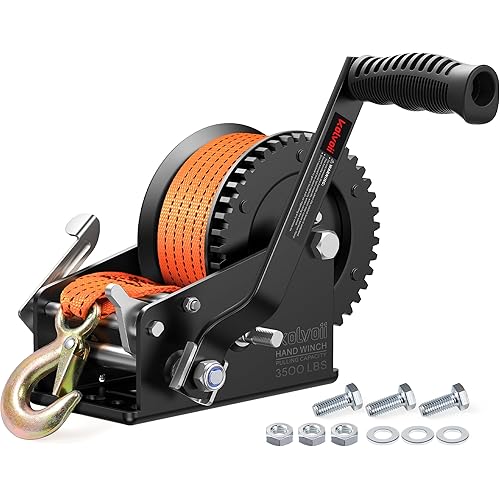 Kolvoii 3500lbs Boat Trailer Winch with 33FT Strap, 4:1/8:1 Gear Ratio 2-Way Ratchet Heavy Duty Hand Winch, Comfortable Handle for Boat, Trailer, Marine, and Jet Ski - Orange