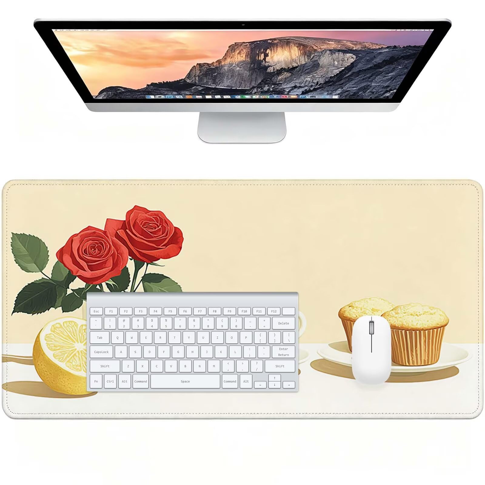 Tapis de Souris Gaming XXL Beige Tapis de Bureau Fleur 1000x500 mm J0-1100