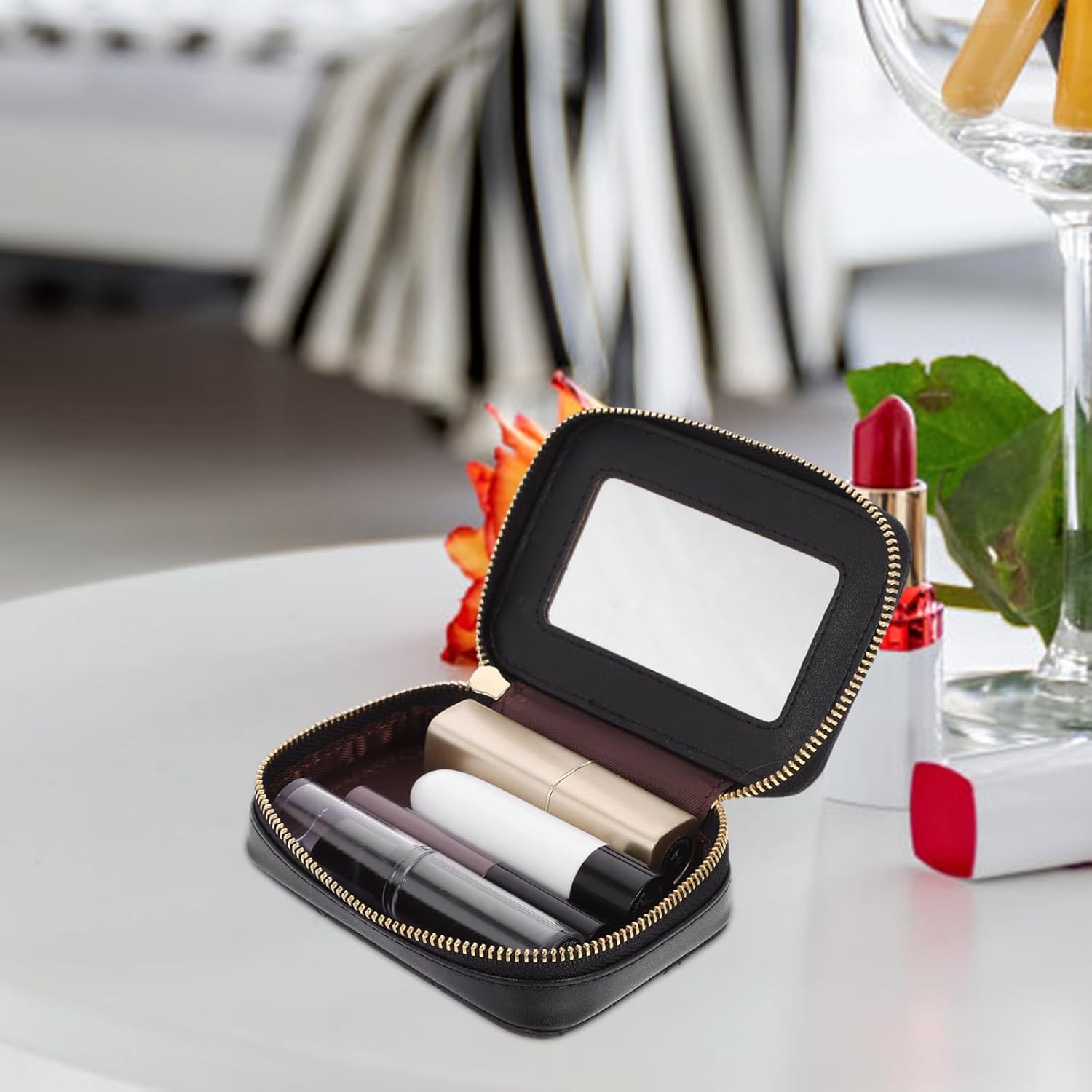 Mini Makeup Bag with Mirror, Travel Lipstick Box Organizer Leather Storage Bag for Women Beauty Tools Accessories Case - Image 7
