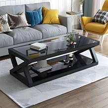 RUNNUP Rectangle Glass top Coffee Table Modern Coffee Table 2-Tier Center Table Accent Center Sofa Table with Storage Shelf for Living Room Easy Assembly, Black 55" L x 24" W x 18" H