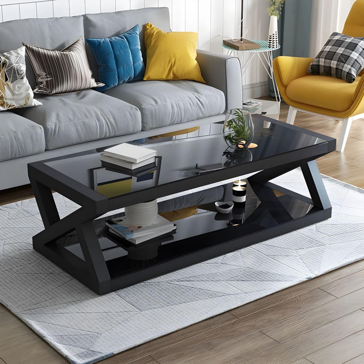 RUNNUP Rectangle Glass top Coffee Table Modern Coffee Table 2-Tier Center Table Accent Center Sofa Table with Storage Shelf for Living Room Easy
