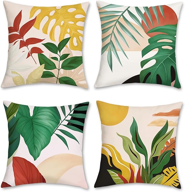 Bonhause Tropical Leaves Cushion Covers 45 x 45 cm Palm Leaf Sunset Decorative Throw Pillow Covers Soft Velvet Pillowcases for Sofa Patio Garden Decor Set of 4