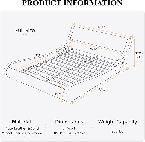 Miniatura 2 de SHA CERLIN Marco de Cama de Plataforma Moderna de Perfil Bajo Tamaño Full, Elegante Cama Trineo Tapizada en Cuero Sintético con Cabecera Ajustable,