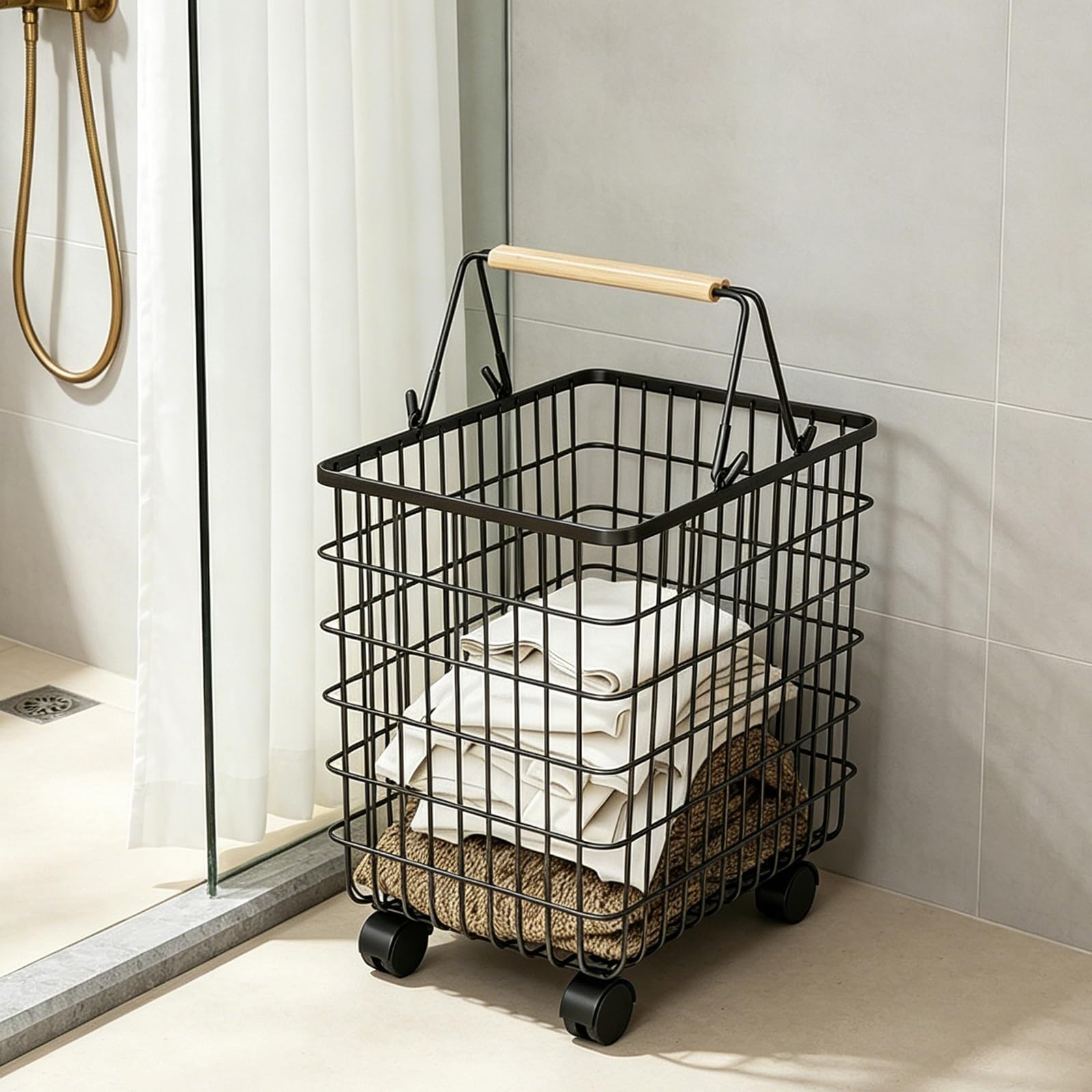 Folding Laundry Basket Household Storage Rolling Cart,Metal Hamper with Wheels Handle,Multifunctional Clothes Hamper Organizer