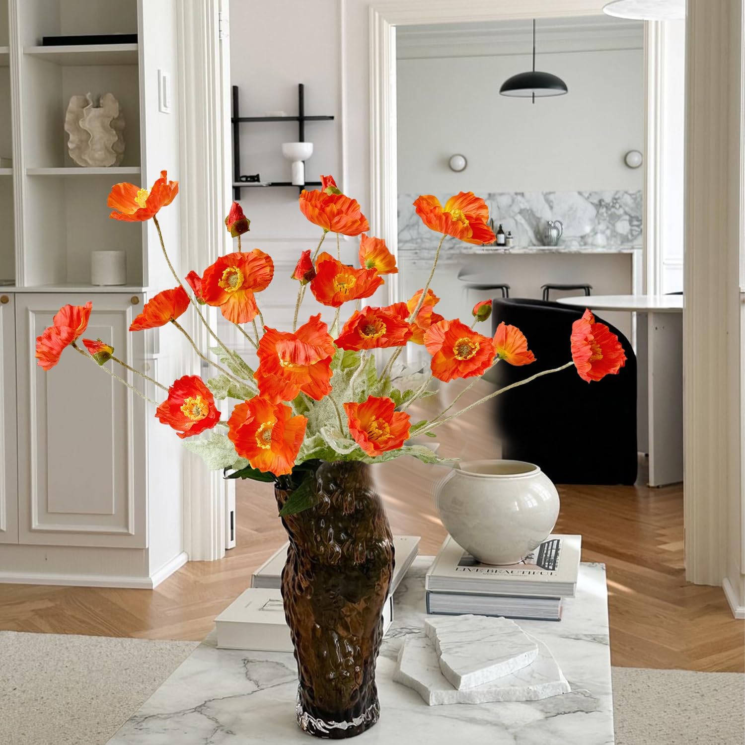 JINWOE Flame Dark Orange Artificial Poppy Silk Flowers, 6Pcs Lifelike Faux Poppies Stems Flowers for Decoration, Long Stems Faux Bouquet for Indoor Table Centerpiece Kitchen Wedding Home Cemetery