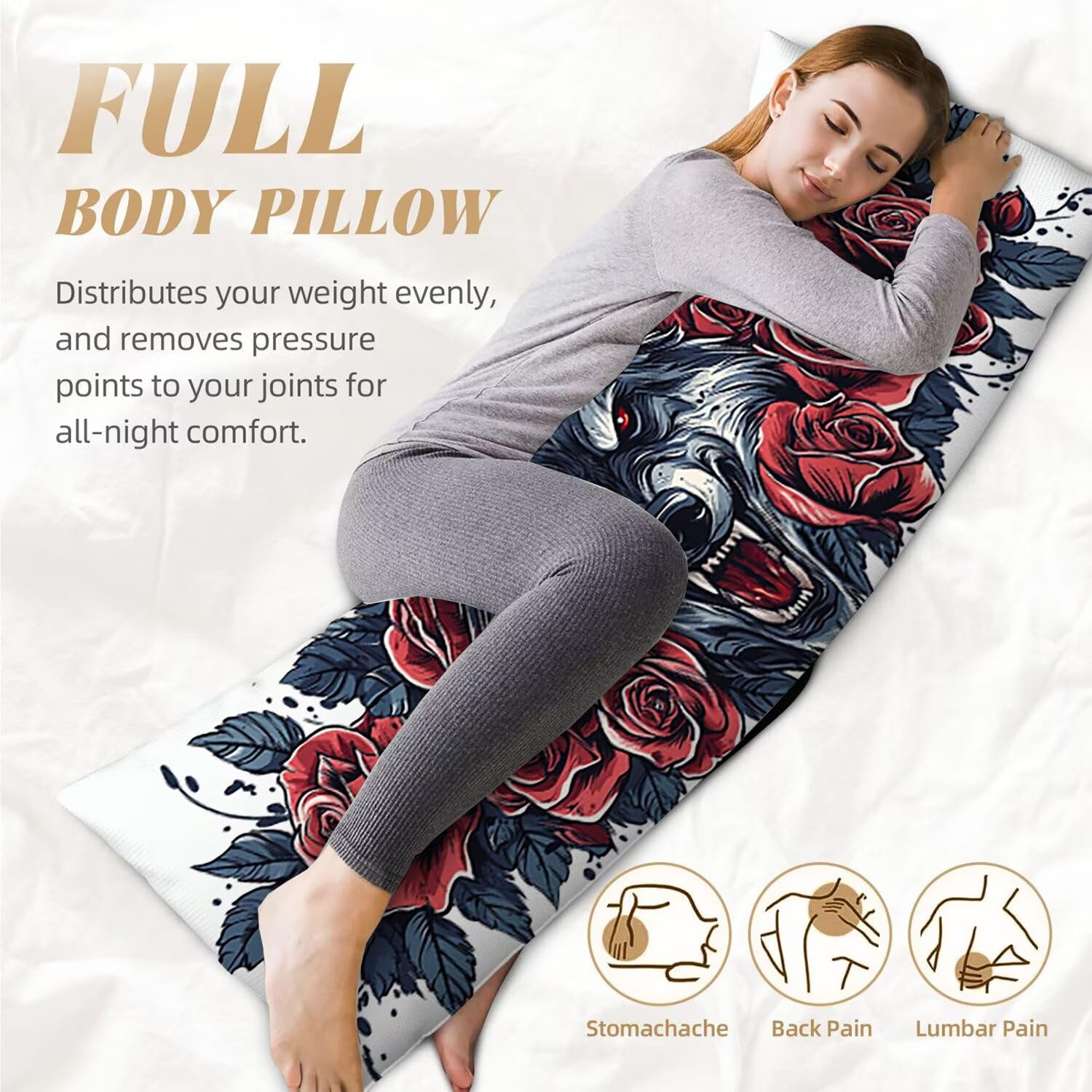 Oreiller de Corps pour Adultes 1 Paquet 120 x 50cm Velours Oreiller Coussin de Grossesse Dormir Oreiller Dormeur Latéral Long Coussin Long sur Le côté, D'intérieur Traversin (Le Loup Rose) v-447