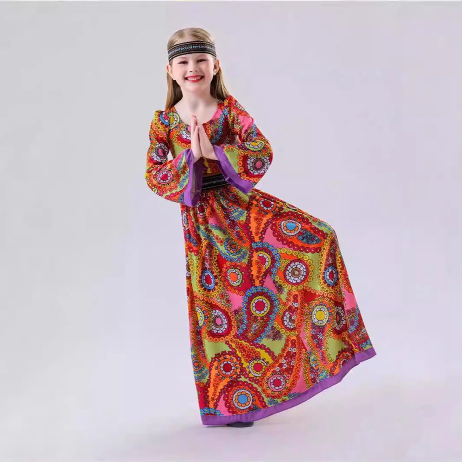 Vestito Carnevale Bambina Principessa-Costumi di Carnevale Vestito da Discoteca Hippie per Ragazze, Gonna con Fascia, Gilet e Cintura per Travestimenti da Festa