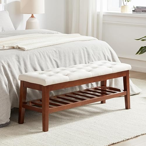 Miniatura 6 de MILCIL Banco tapizado para zapatos, banco de entrada para dormitorio, extremo de cama, banco otomano acolchado con estante de madera maciza para