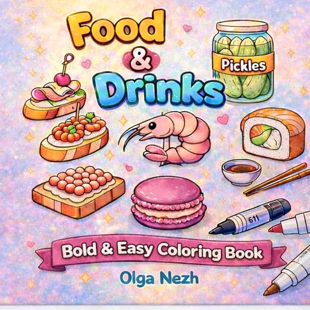 Food & Drinks Coloring Book: Bold and Easy Pages for Adults and Kids: 50 Simple and Relaxing Pages for Stress Relief, Beginners, Cozy Kawaii vibes, Bold & Easy (Bold & Easy Coloring Books)