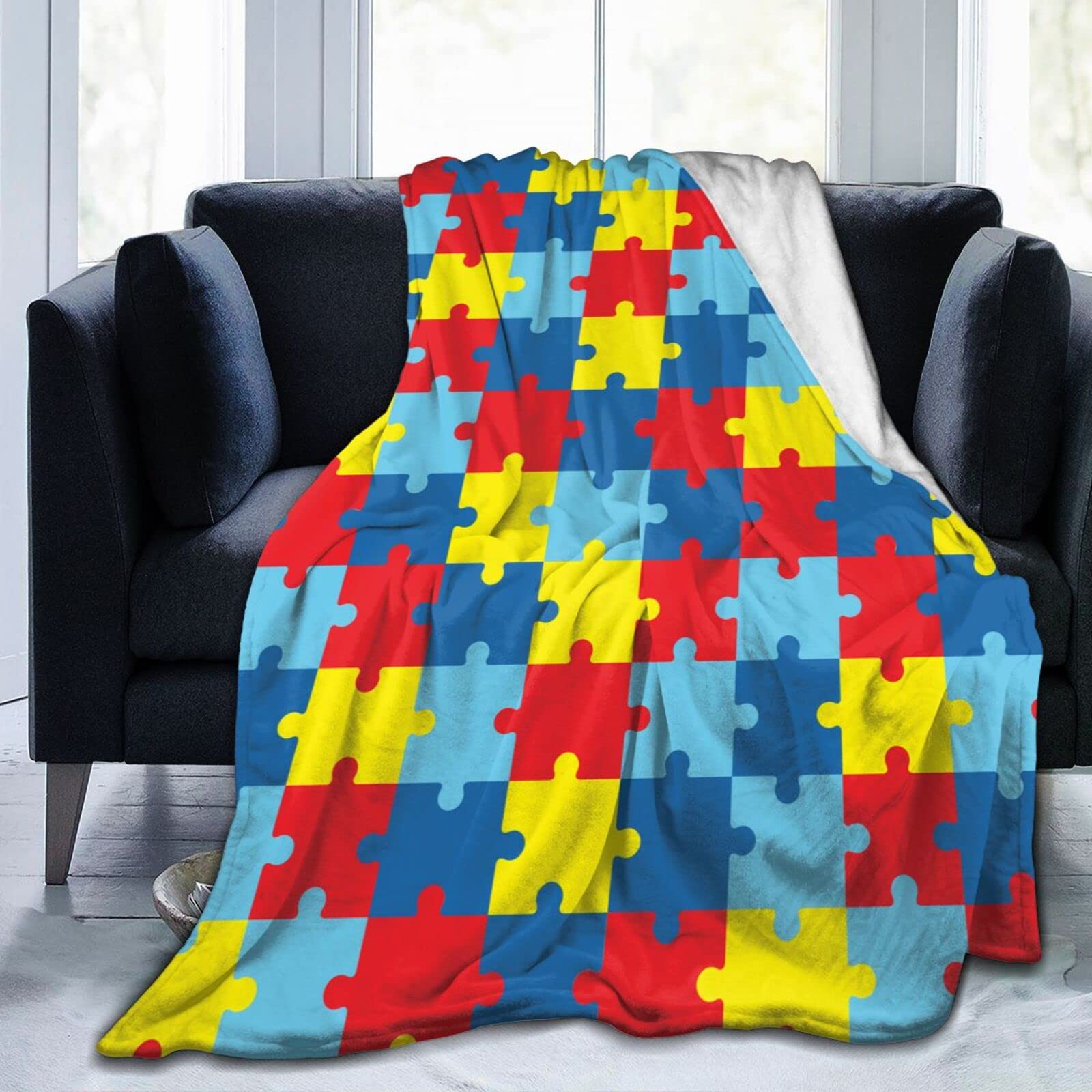 Lsjuee World Autism Awareness Day Throw Blanket Warm Cozy Lightweight Blankets Soft Flannel Blanket for Sofa Couch Bed Office 80"X60"