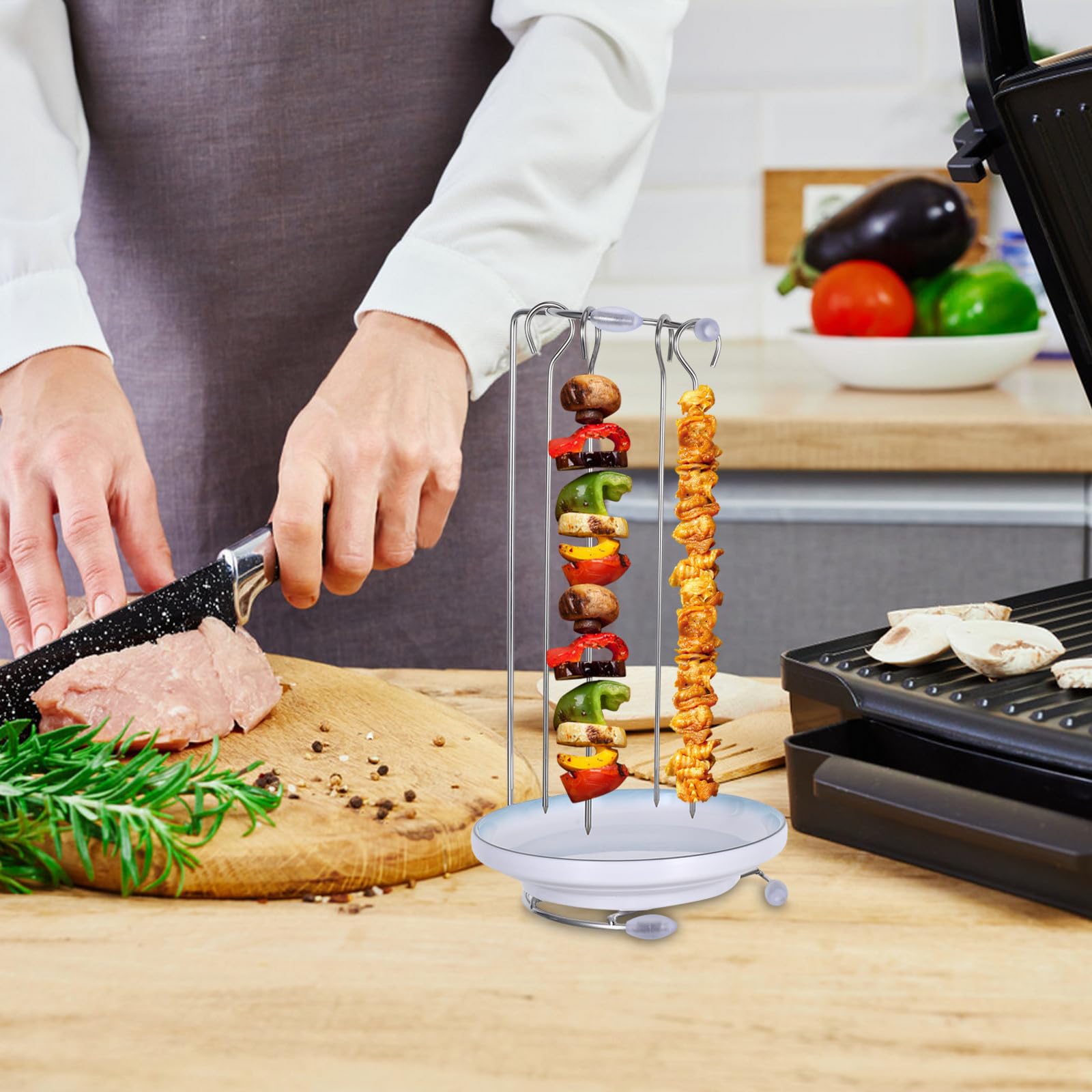 Uchwyt na szaszłyki ze stali nierdzewnej z tacą, stojak na kebab, cielęcinę, do grillowania kurczaka i jagnięciny, przenośne akcesoria do grillowania na świeżym powietrzu i na kempingu