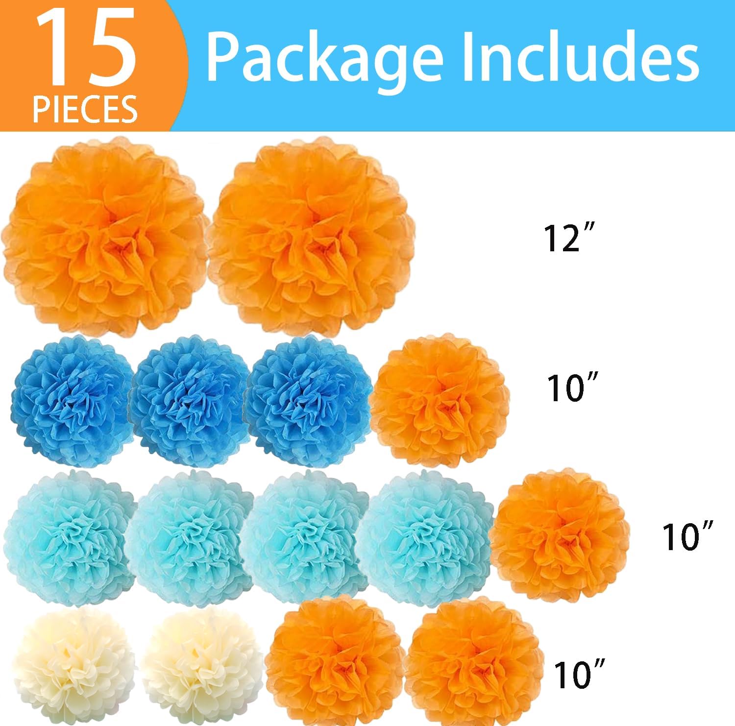 15PCS Blue Orange Party Decorations - Tissue Pom Poms Paper Flowers Streamers for Classroom Decor Graduations Blue Dog Birthday Backdrop Table Centerpieces Baby Shower Nursery Wall Ceiling Hangings