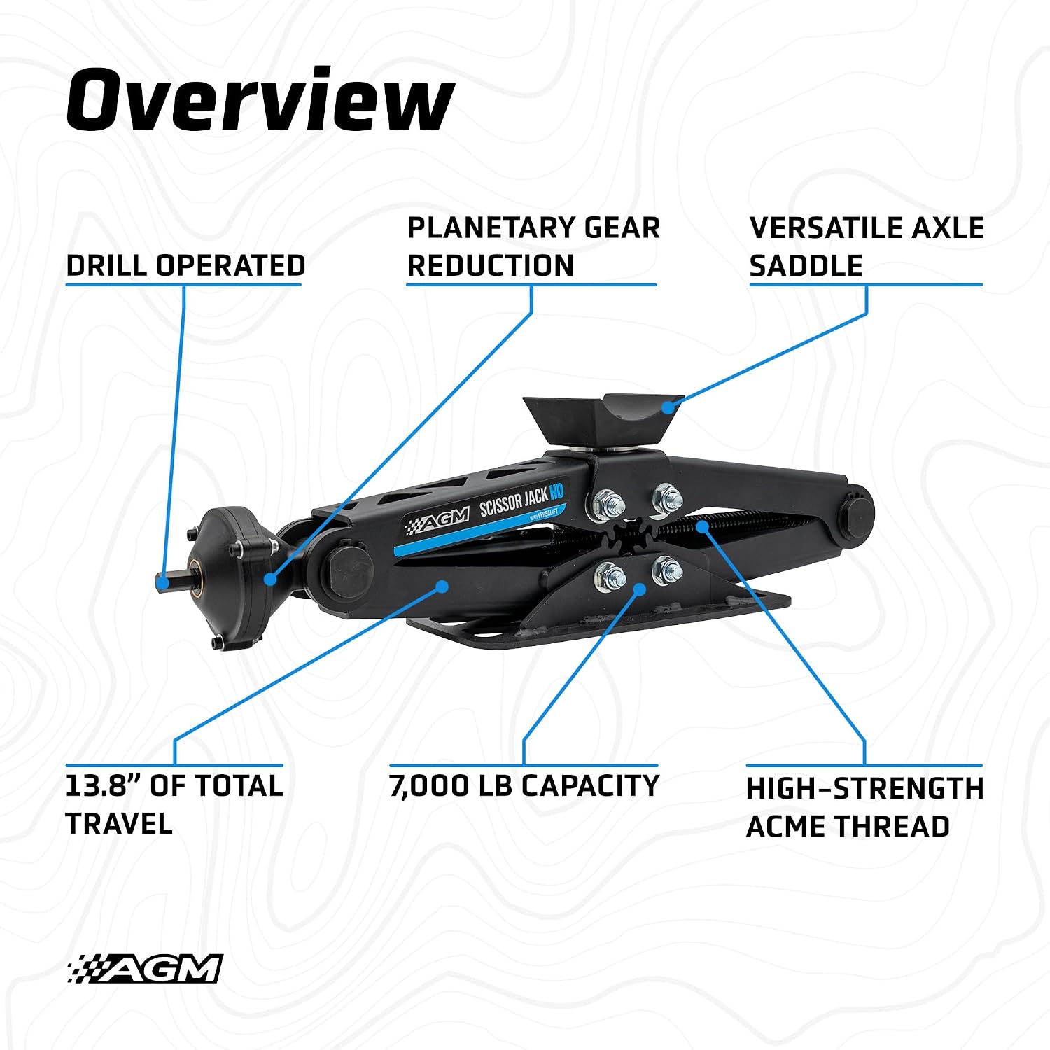 AGM Heavy Duty Scissor Jack HD for Trucks, Vans & Trailers - 7000lbs Capacity, 20.5" Lift Height, 1/2" Hex Drive, Portable Scissor Jack with VersaLift Interchangeable Heads, Drill Adapter & Carry Bag