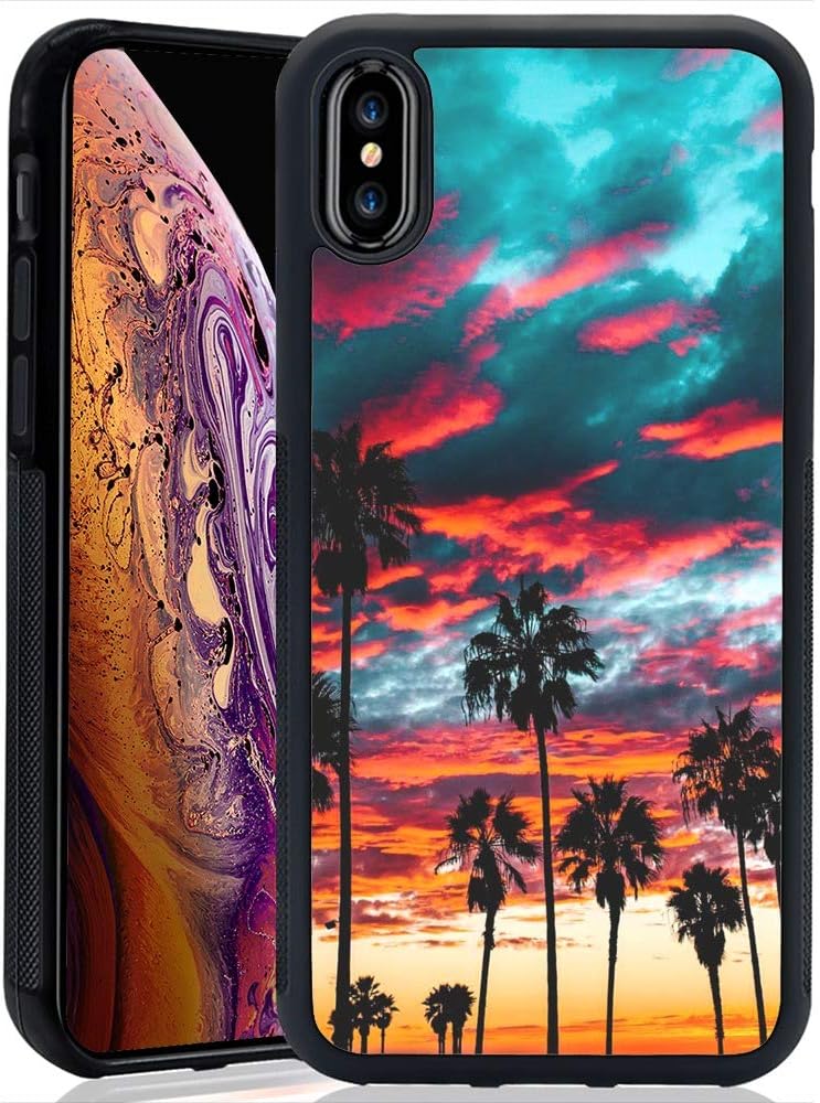 iPhone Case for iPhone Xs Max - iNeworld Black TPU and PC Soft Rubber Protection Anti-Slippery &Fingerprint Case for iPhone Xs Max(Palm Tree Cloud)