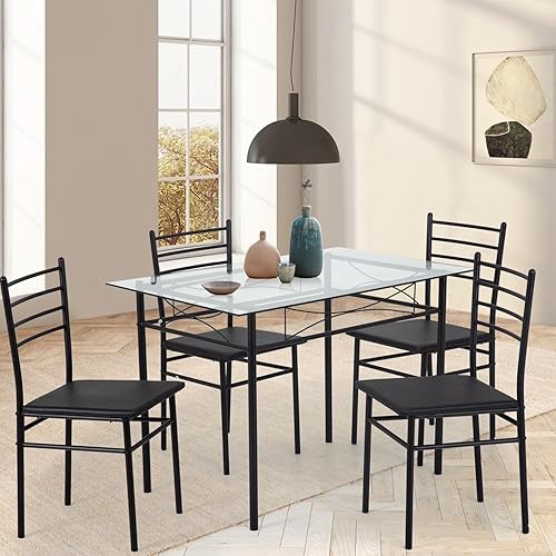Miniatura 8 de PayLessHere Juego de mesa y sillas de comedor de cocina, juego de mesa de comedor clásico de 5 piezas para 4, mesa superior de cristal y 4 sillas