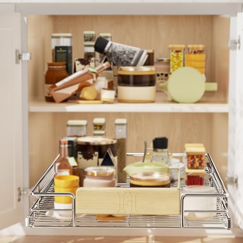 Miniatura 2 de LOVMOR Organizador de gabinete extraíble con mango de madera, 16 pulgadas de ancho x 21 pulgadas, organizador deslizante para cocina, despensa